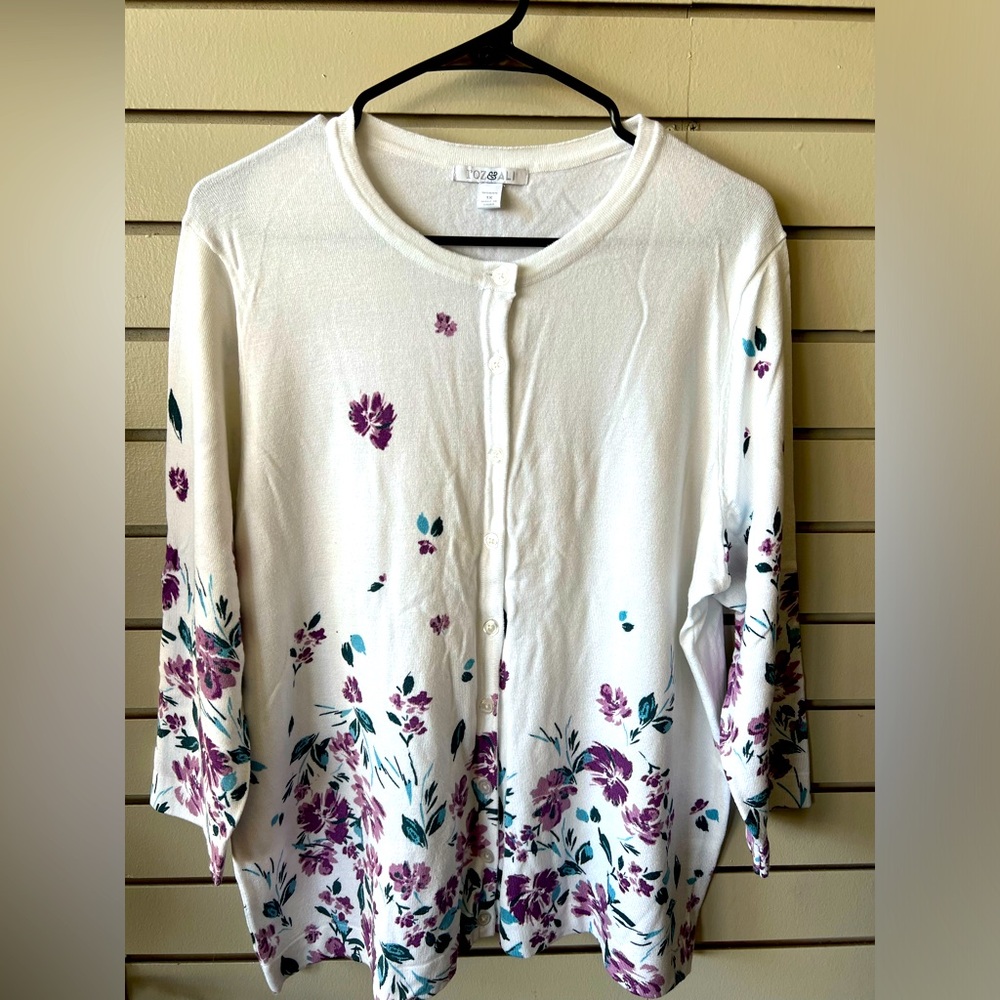Roz & Ali Cream Cardigan with Purple Floral Print